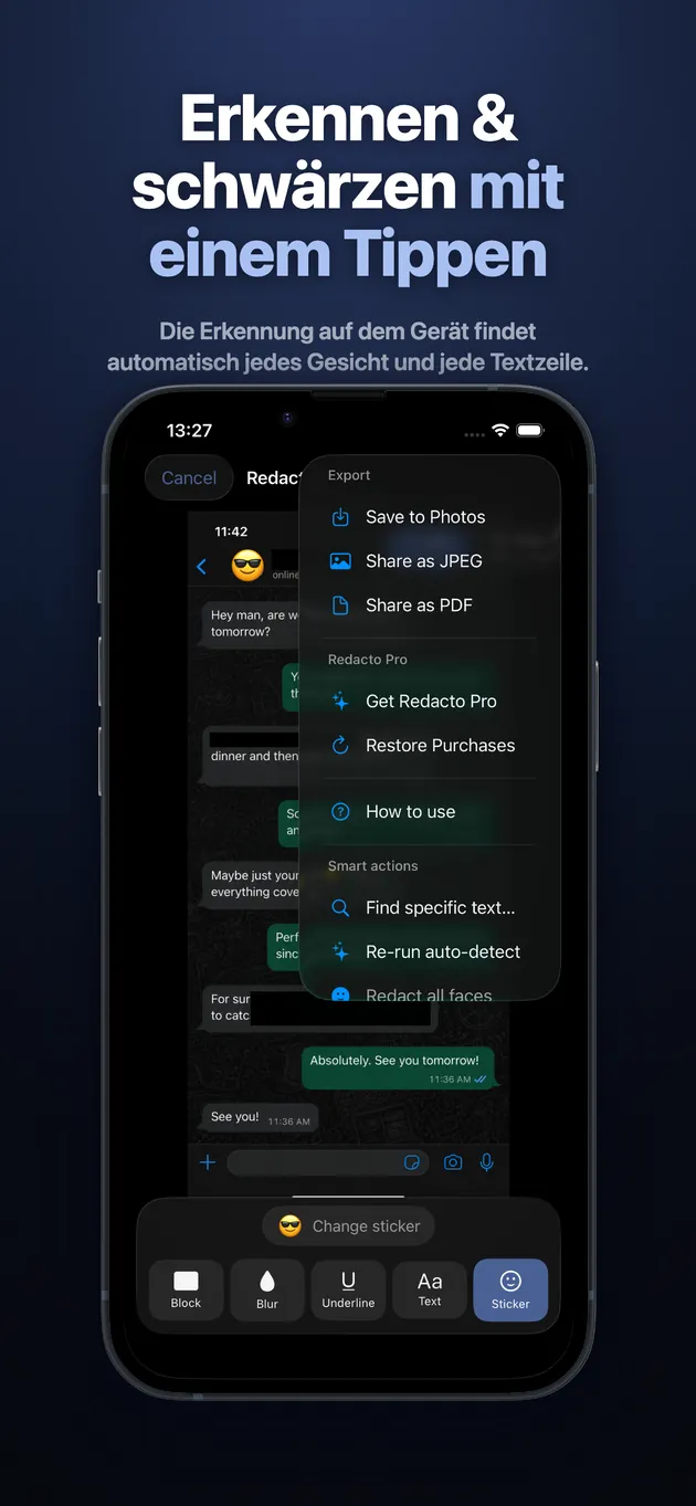 Die Erkennung auf dem Gerät findet automatisch jedes Gesicht und jede Textzeile.