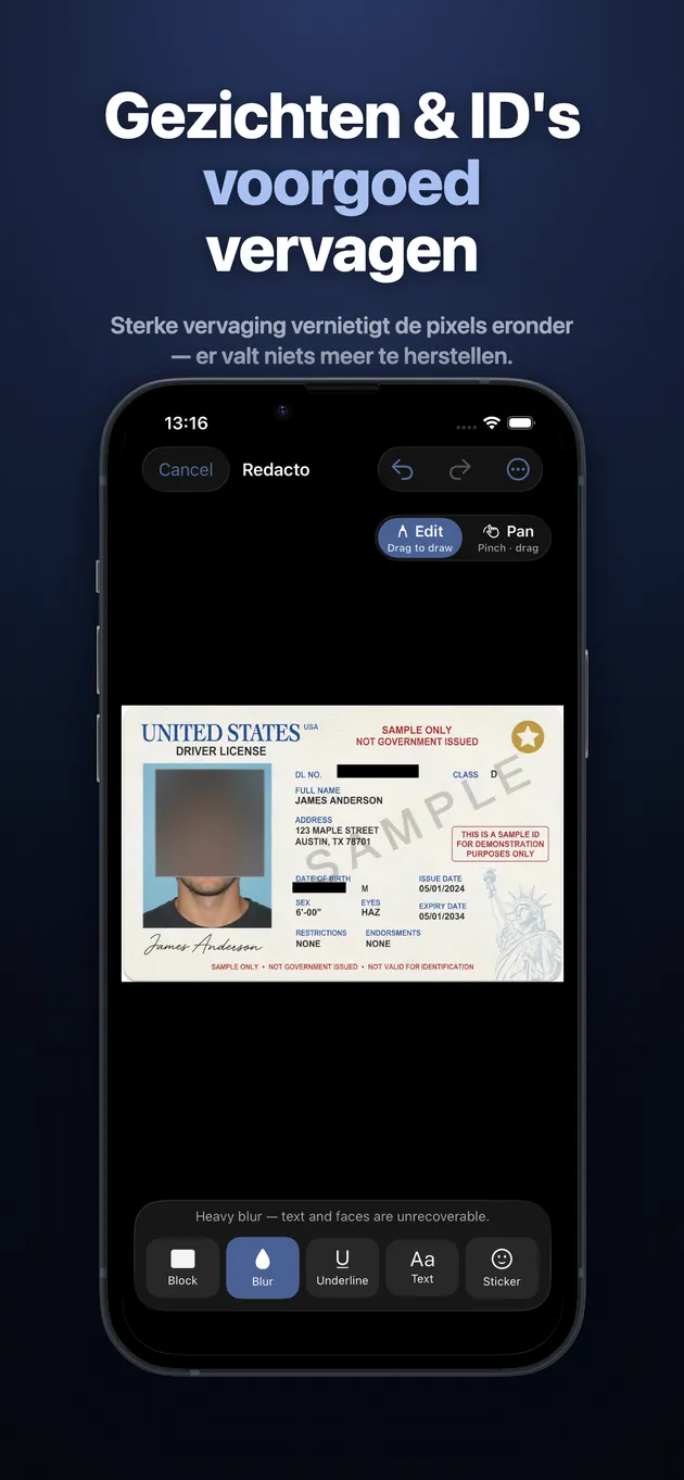 Lak namen zwart, vervaag gezichten, censureer ID's in schermafbeeldingen en PDF's voordat je ze deelt. Afschermingen worden in de pixels vastgebakken — onmogelijk terug te draaien. 100% op je apparaat, geen account, geen cloud.